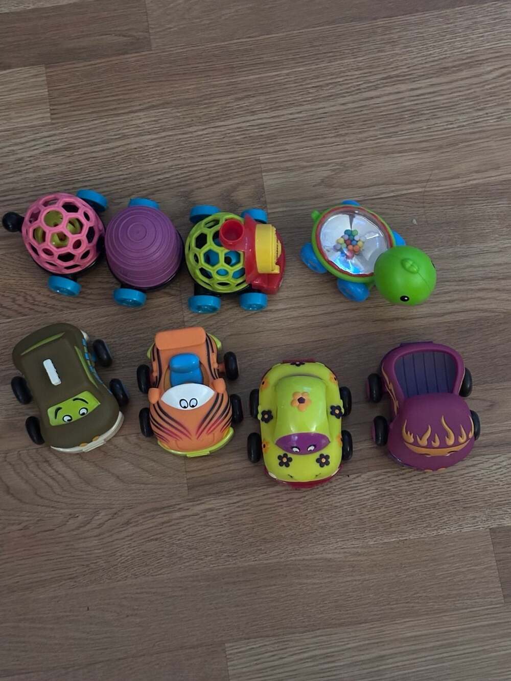 Lot of 6 B. Toys Wheeee-ls Soft Pull Back Cars and Trucks